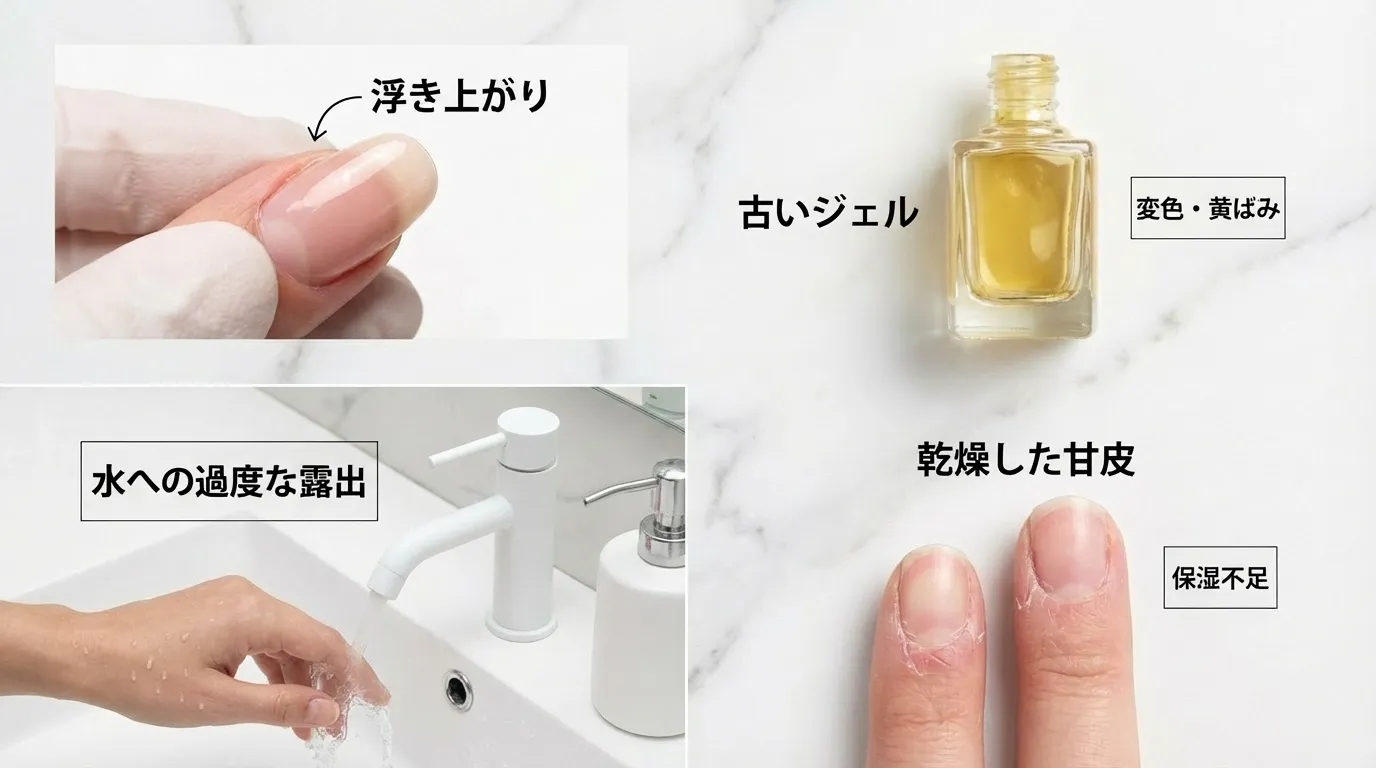 ジェルネイルが剥がれる9つの原因を示すフラットレイ｜浮き・乾燥・水仕事・古いジェル