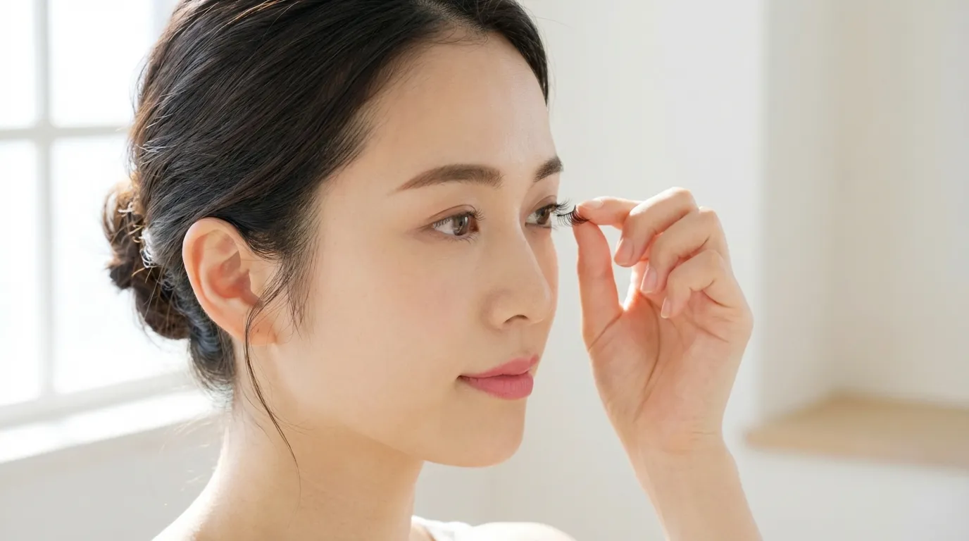 マグネットつけまつげを指で持ち目元に当てようとしている日本人女性