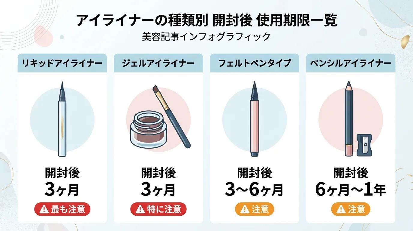 アイライナー種類別（リキッド・ジェル・フェルト・ペンシル）の使用期限チャート