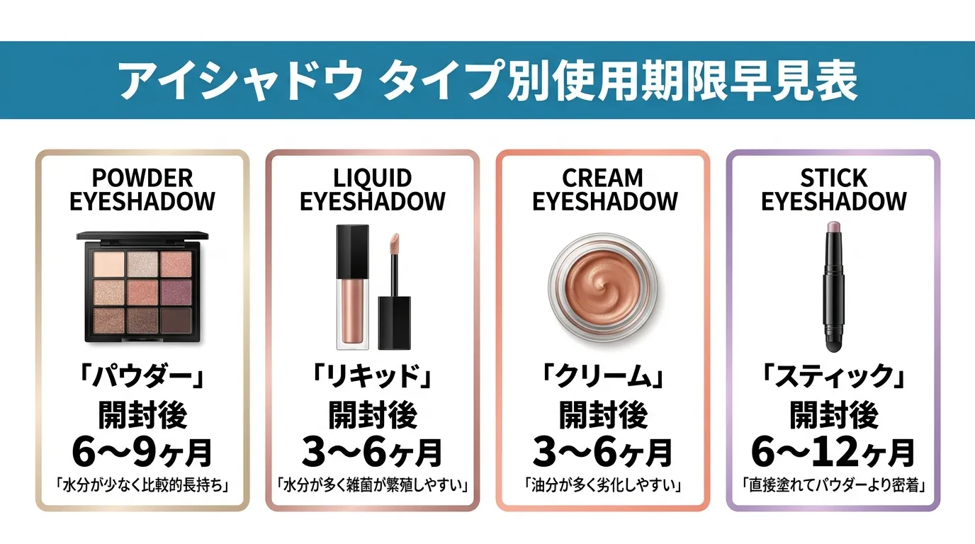 アイシャドウのタイプ別使用期限比較表