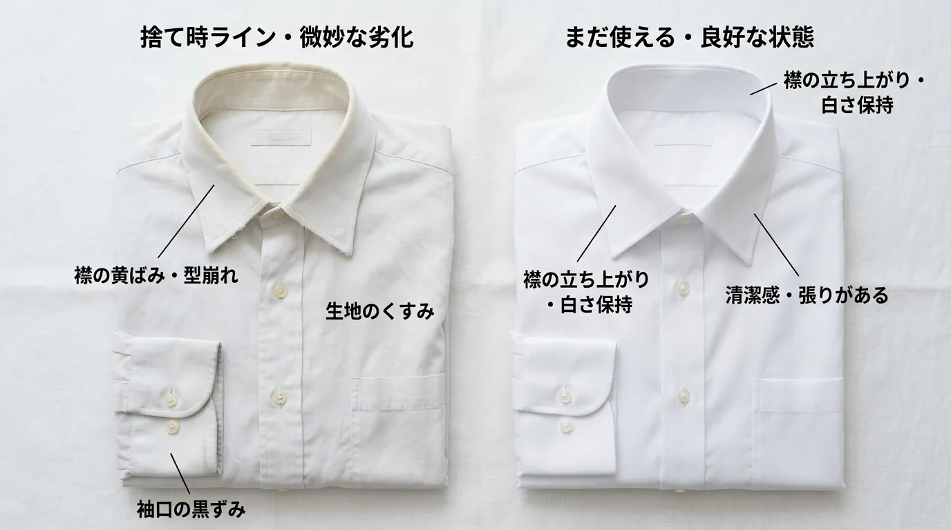 黄ばみ・型崩れ・袖口の黒ずみがある捨て時ワイシャツと清潔感のある使用可能シャツのリアル比較写真