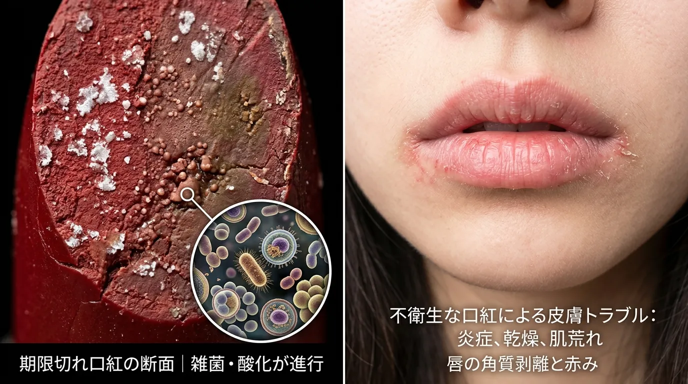 期限切れ口紅による雑菌繁殖と唇荒れ・炎症リスクを示す医療啓発スプリット画像