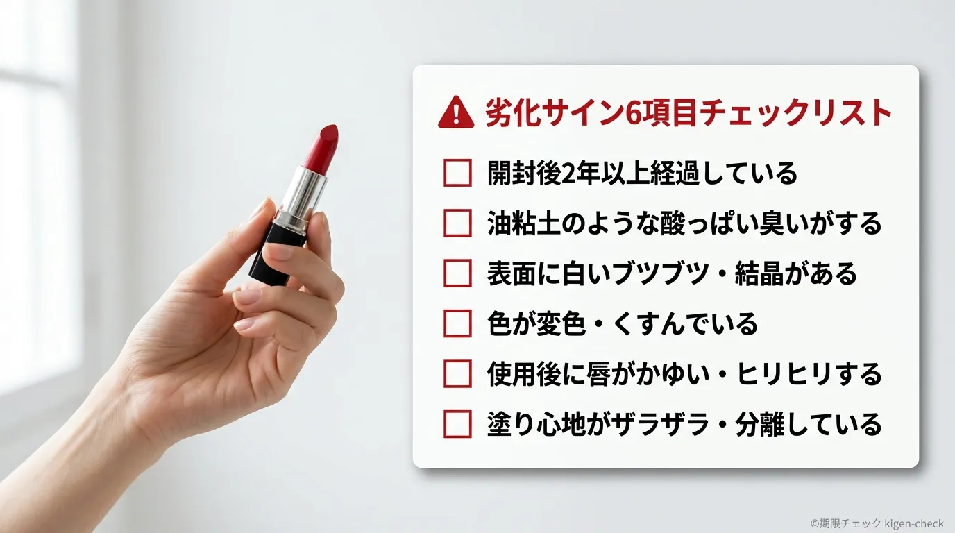 口紅・リップの劣化サイン6項目チェックリストを示すライフスタイル写真