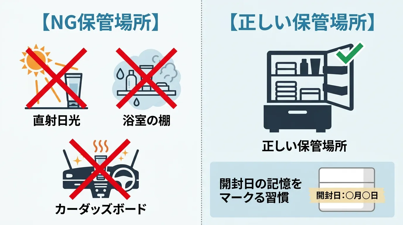 スキンケアのNG保管場所と正しい保管方法を比較したインフォグラフィック