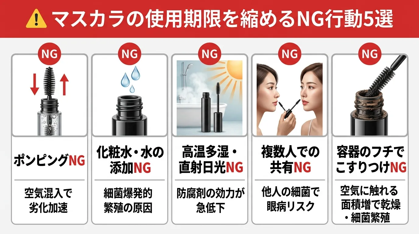 マスカラの使用期限を早めるNG行動5選を示す5分割インフォグラフィック