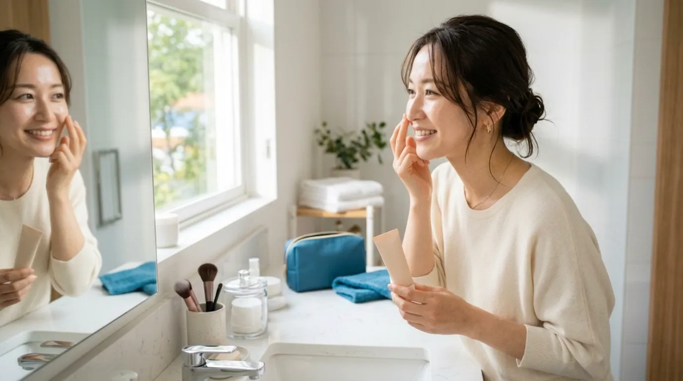 朝の洗面台で笑顔でBBクリームを塗る日本人女性のライフスタイル写真。清潔感のある明るい自然光の中でのスキンケアルーティン