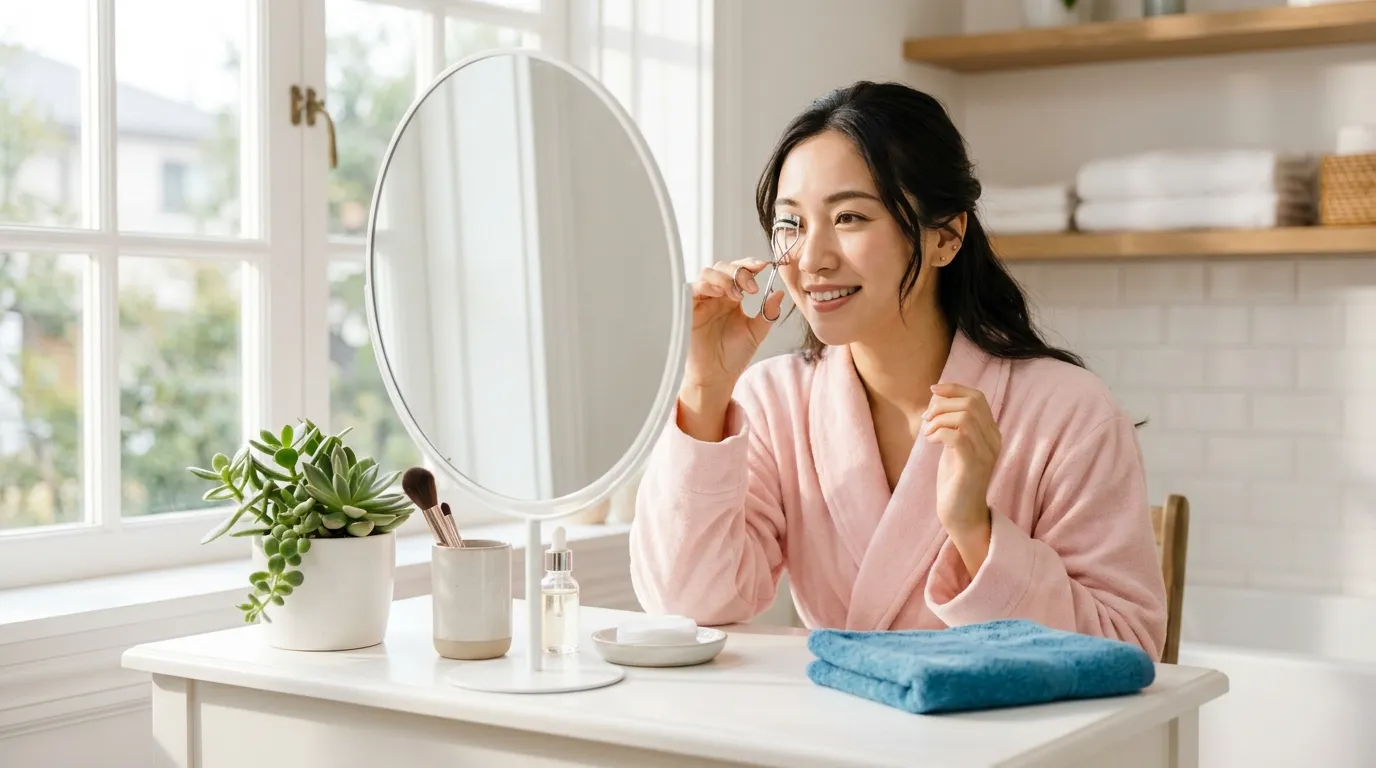 朝の洗面台でビューラーを使ってまつ毛をカールする笑顔の日本人女性。自然光が差し込む明るい室内でのメイクシーン。