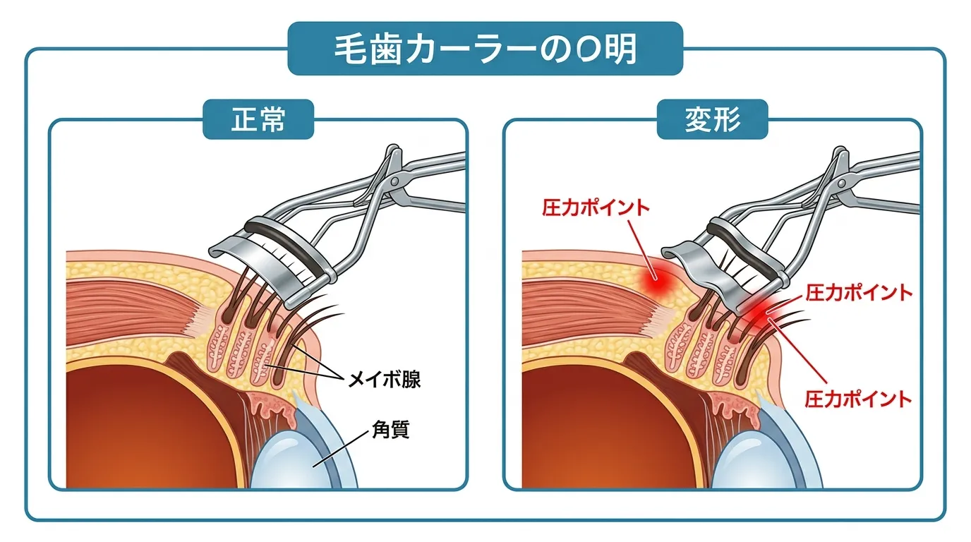 劣化したビューラーによるまぶたとまつ毛へのダメージ警告
