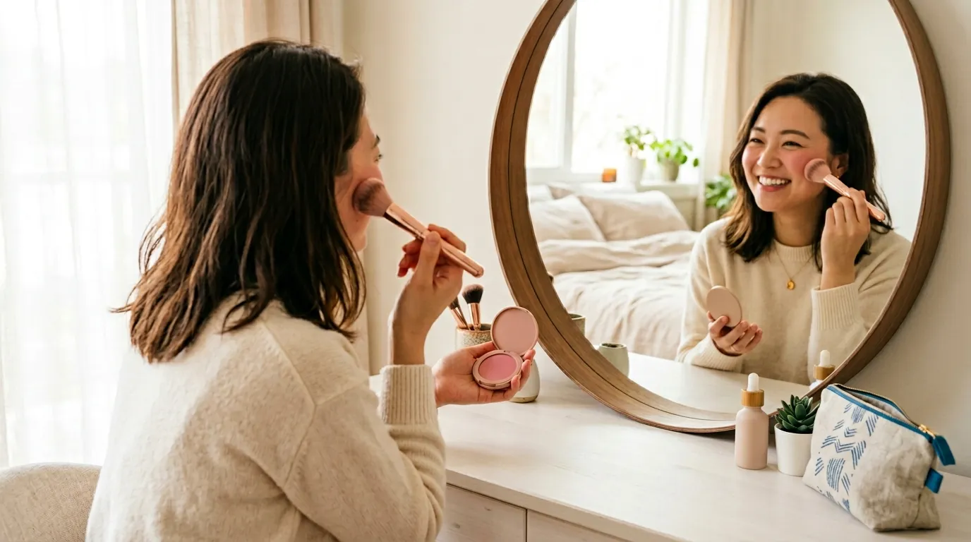 朝のドレッサーで笑顔でチークを塗る日本人女性。メイクブラシで頬に自然な血色を加える爽やかなメイクシーン