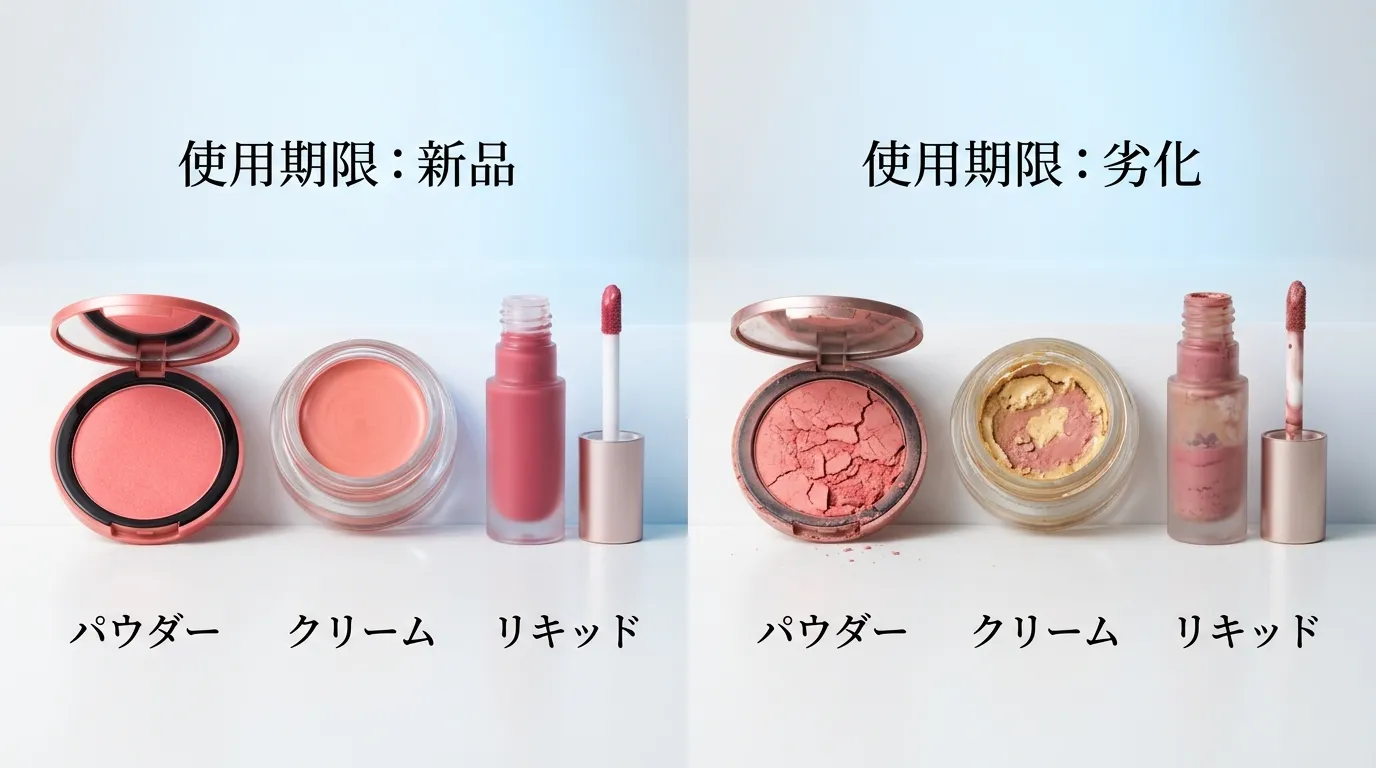 チーク使用期限タイプ別比較画像｜パウダー・クリーム・リキッド