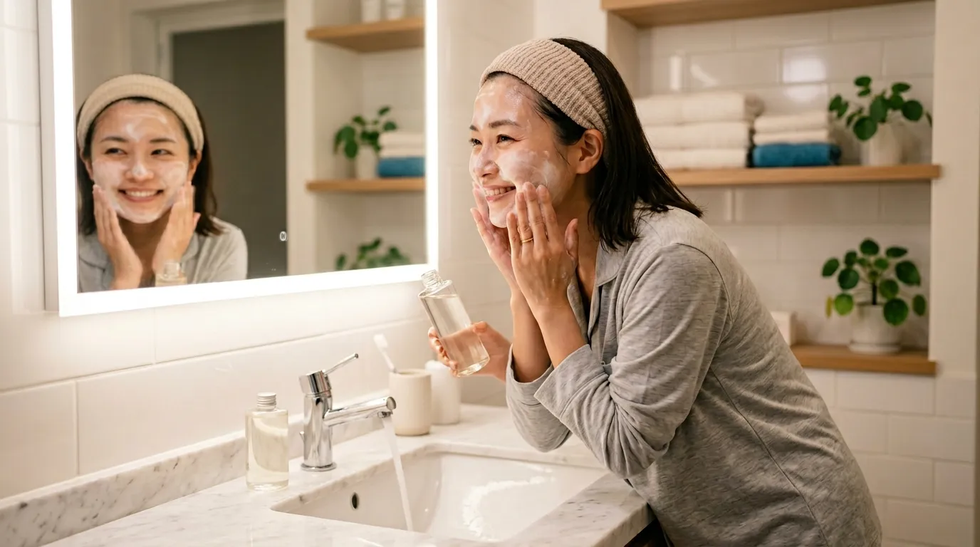 夜の洗面台で笑顔でクレンジングをする日本人女性のライフスタイル写真。清潔感のある温かい照明の中でのスキンケアルーティン。すべての製品は無地でロゴなし。