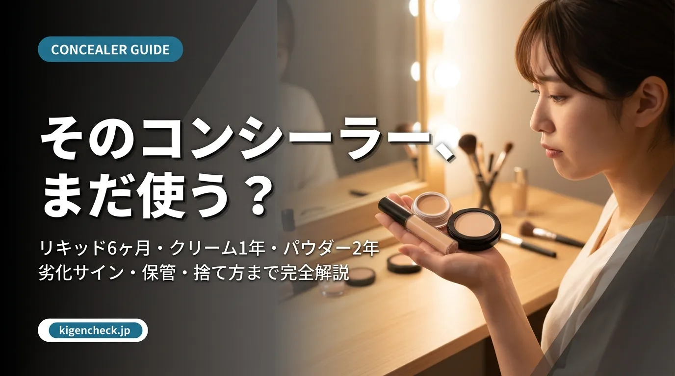 コンシーラーを3種類手に持ち使用期限を確認する女性のイメージ