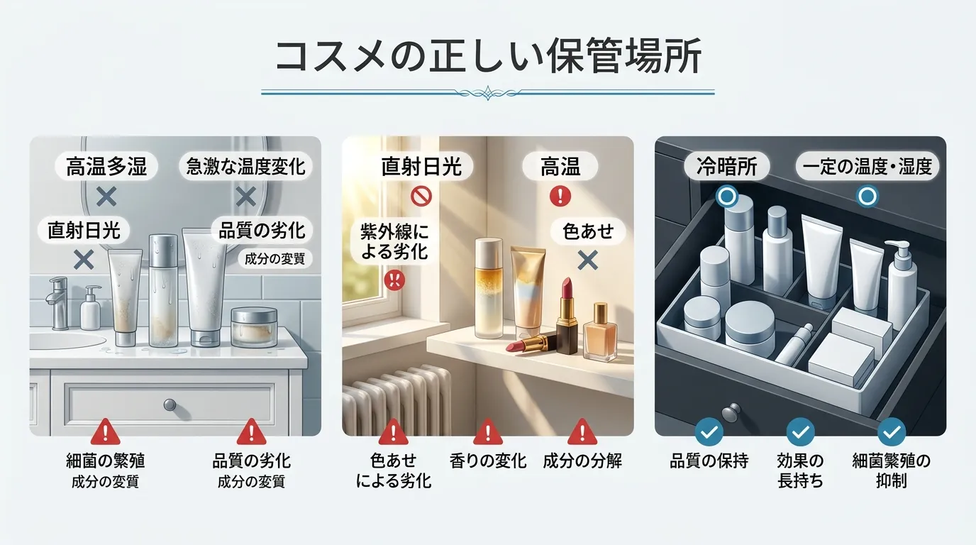 コスメの正しい保管場所｜洗面台NG・窓際NG・引き出し推奨の比較図