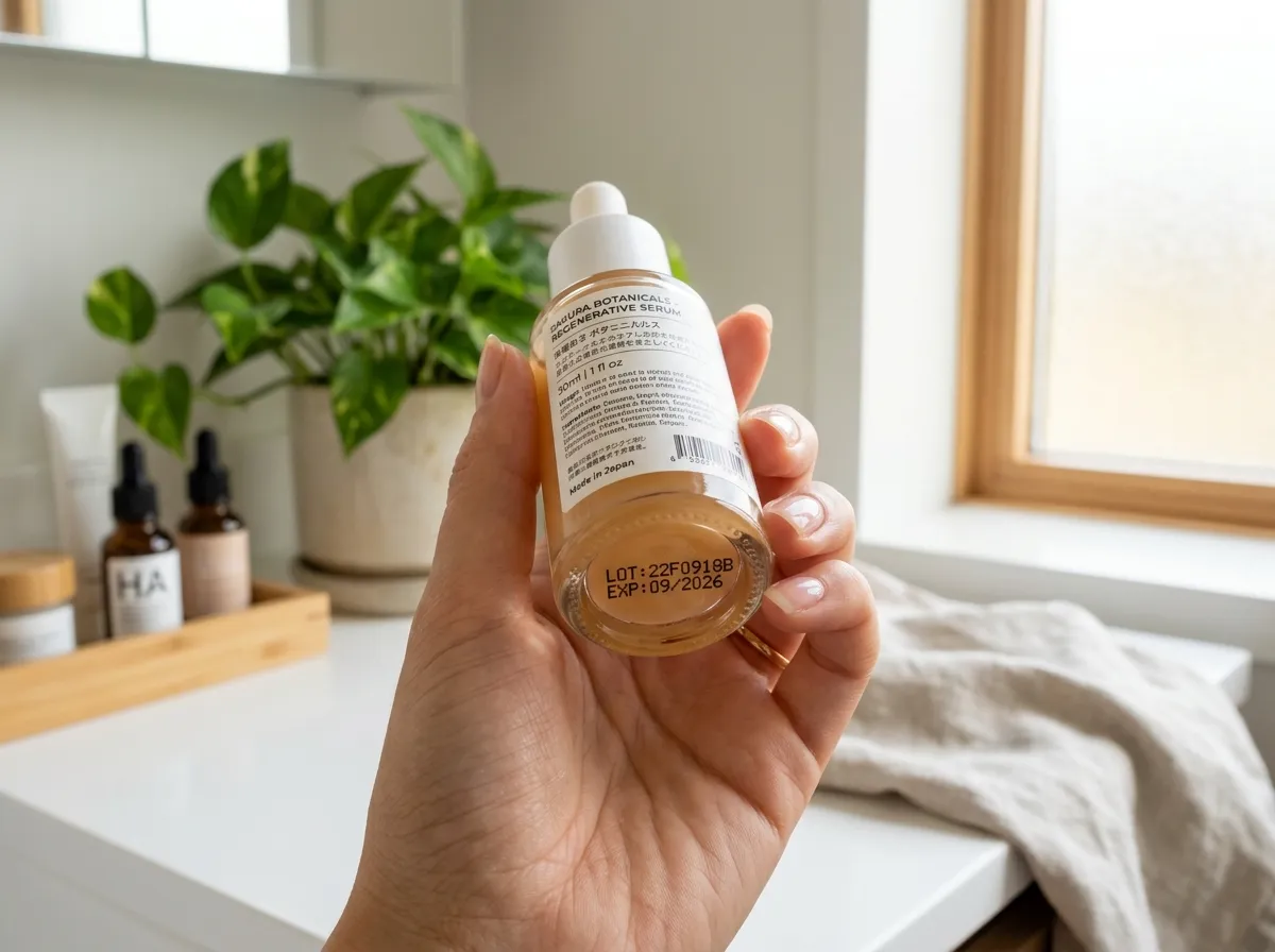 コスメ底面のバッチコードで製造年月日を確認している様子