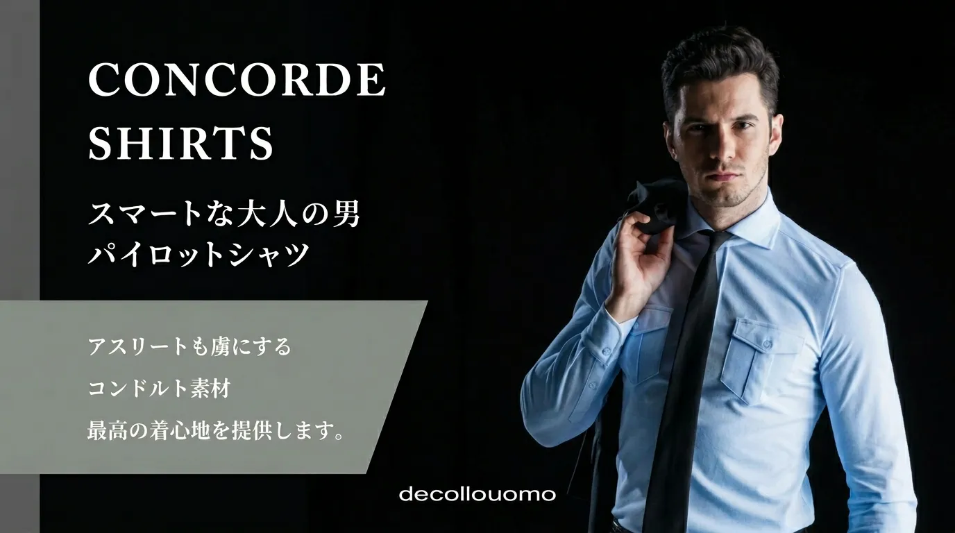 デッコーロウォモ コンコルド パイロットシャツを着用したスーツ姿の男性｜ノーアイロン・吸水速乾の高機能ニットシャツ