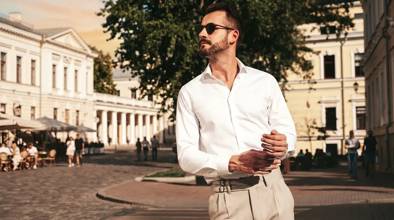 デッコーロウォモ オーバーチュア オーガニックコットンシャツを着用した男性｜上品な光沢と滑らかな肌触りが特徴