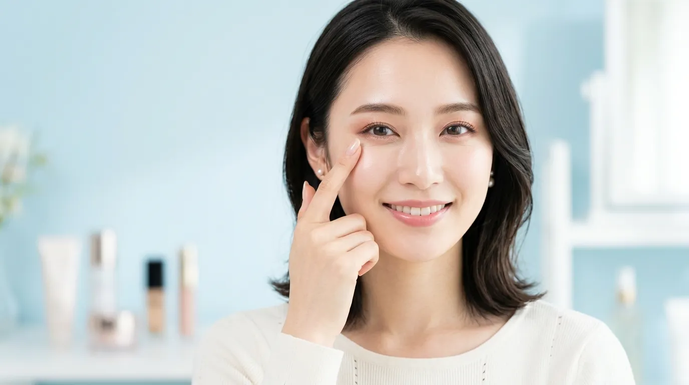 アイシャドウの使用期限をチェックする女性