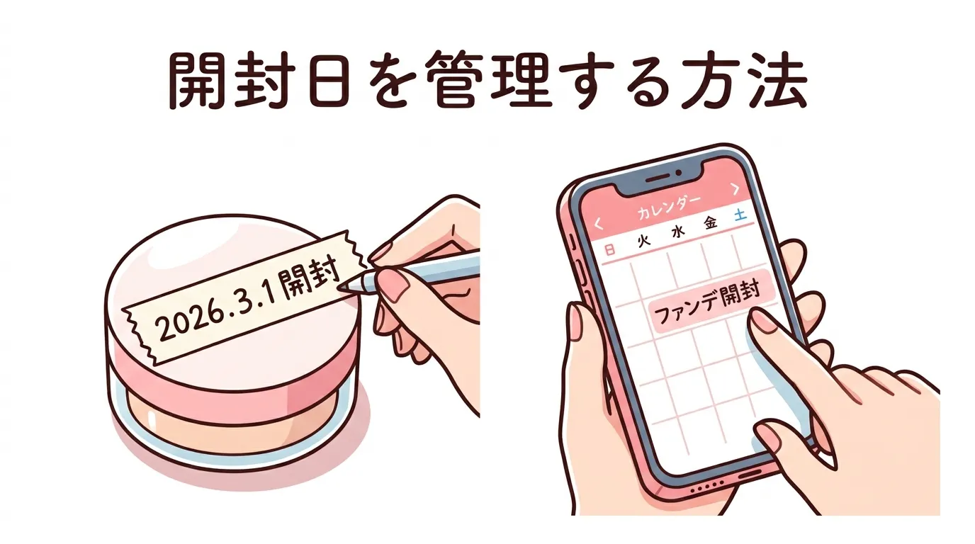 ファンデーション容器にマスキングテープで開封日を書いて貼る方法とスマホカレンダーで期限を管理する方法を示した解説図