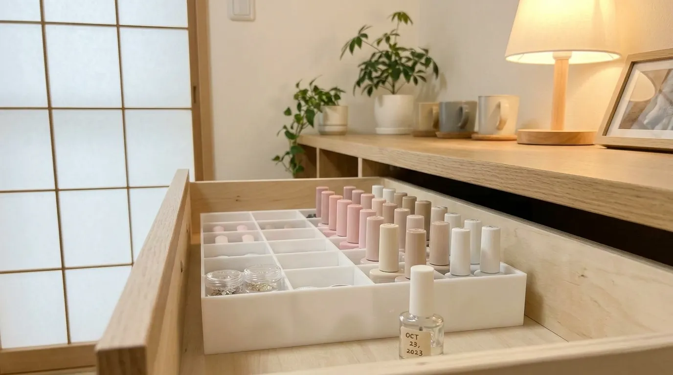引き出しの中に開封日シールを貼って整理されたジェルネイルの正しい保管方法