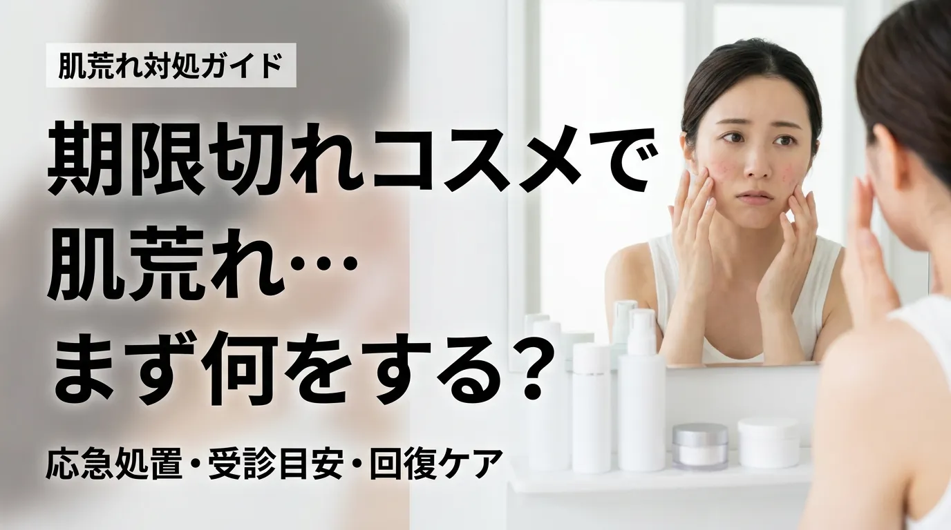 期限切れコスメによる肌荒れに悩む女性を右側に、左側に大きな見出しを配置した雑誌風アイキャッチ画像