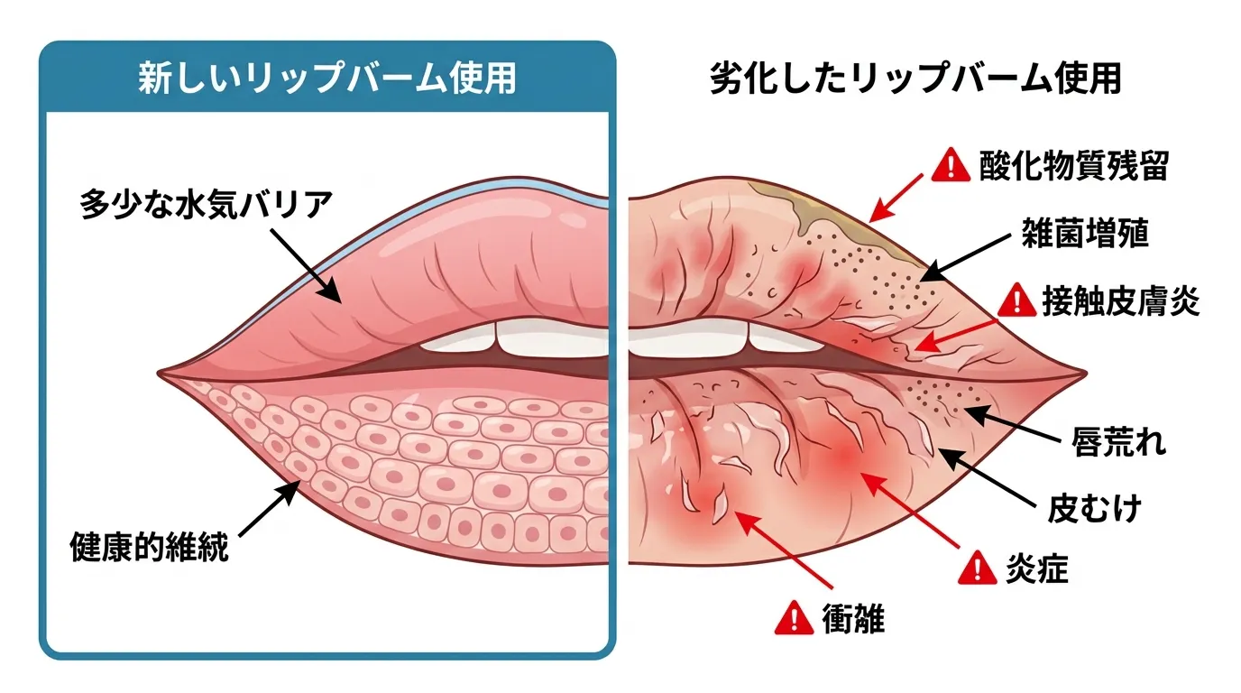 期限切れリップバームによる唇トラブル警告図
