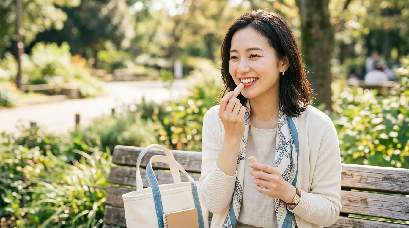 晴れた日の屋外で笑顔でリップバームを塗る日本人女性。自然光の中での爽やかなリップケアシーン。すべての製品は無地でロゴなし。
