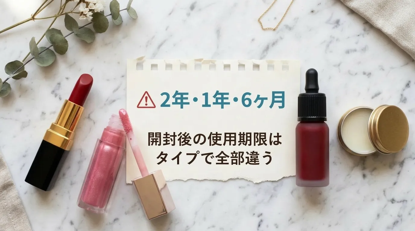 口紅・リップ製品と使用期限カレンダーを示すヒーロー画像。スティック口紅・グロス・ティント・リップクリームが並ぶ平置き写真