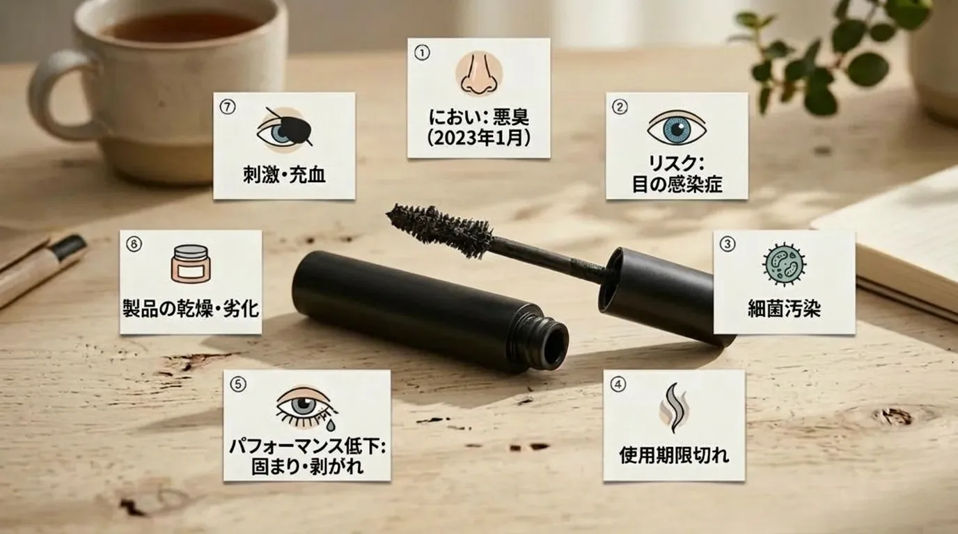 マスカラの劣化サイン7項目チェックリストを示すライフスタイル写真