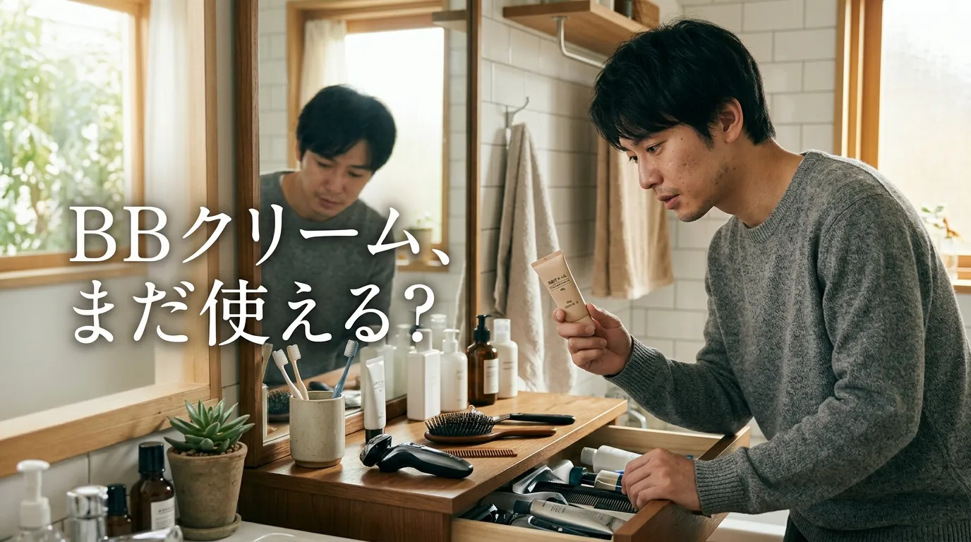 引き出しからBBクリームを取り出し、まだ使えるか迷う男性の洗面台シーン