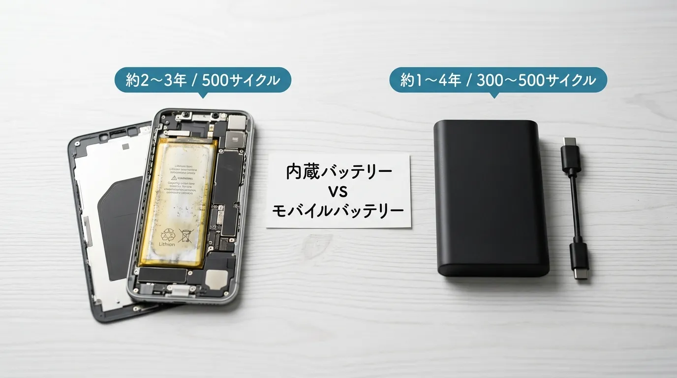 スマホ内蔵バッテリーとモバイルバッテリーを並べた寿命比較の俯瞰イメージ