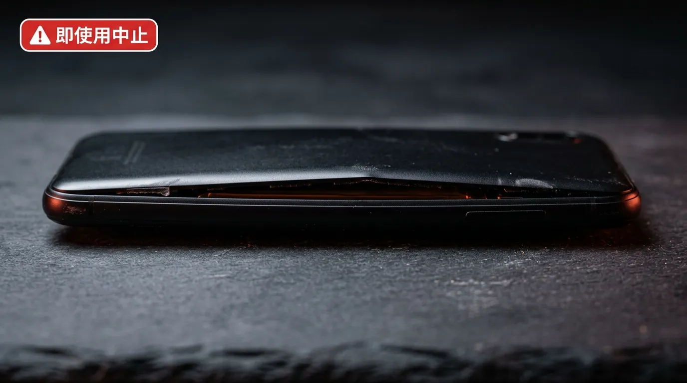 バッテリー膨張でパネルが浮き上がったスマホの側面クローズアップ、即使用中止のサイン