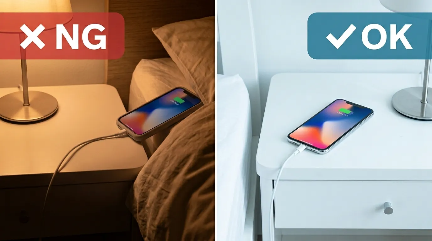 ケースつき100%充電（NG）とケースなし80%以下充電（OK）の左右比較写真