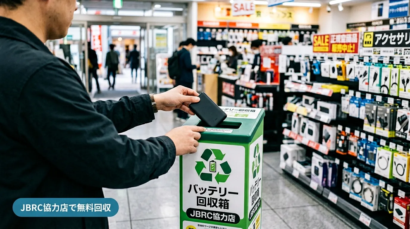 家電量販店のJBRC回収ボックスにモバイルバッテリーを投入する手元シーン