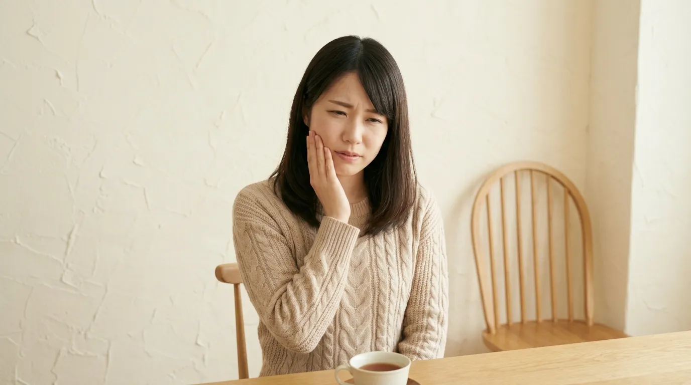 歯の知覚過敏で頬に手を当てて痛そうな表情をする20代日本人女性