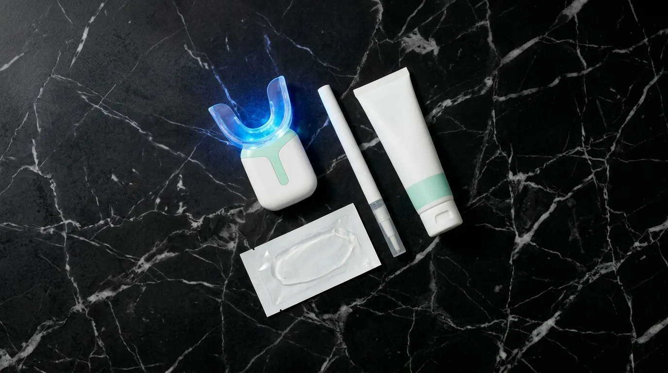 LEDキット・ジェルペン・ホワイトニングシート・歯磨き粉の4種類を並べたフラットレイ