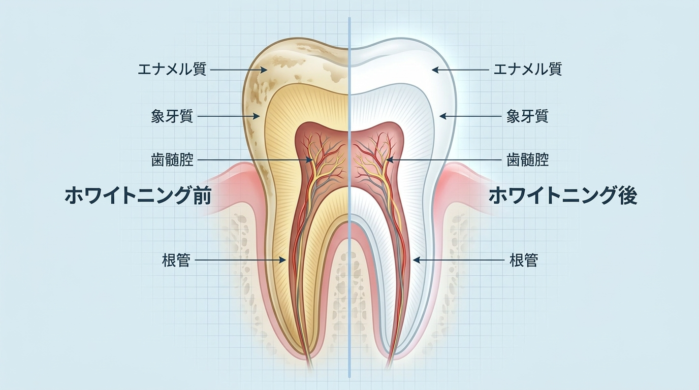 歯のホワイトニング前後を比較したイラスト図解