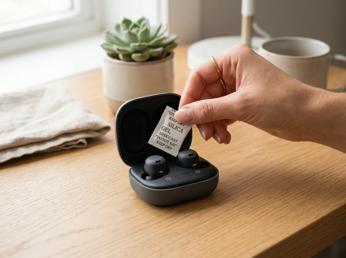 ワイヤレスイヤホンのケースにシリカゲル乾燥剤を入れている様子