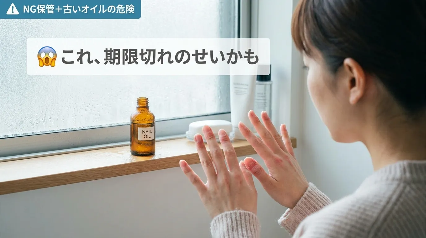 期限切れネイルオイルで爪周りが赤くなった失敗シーン・NG保管の洗面台