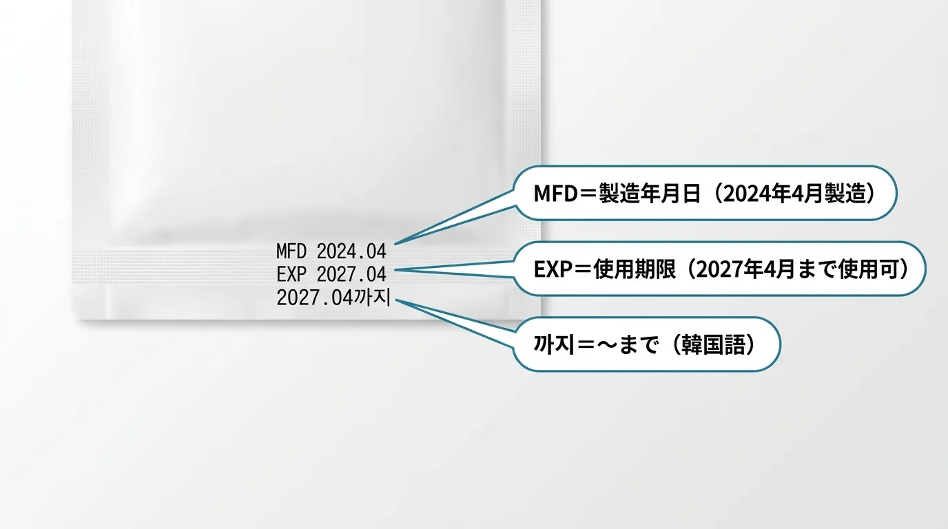 Abibシートマスクのアルミ袋に印字されたEXP・MFD・까지の表記解説図