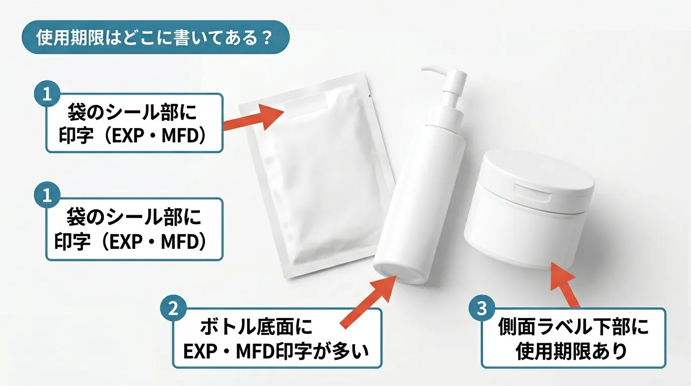 Abib化粧水ボトル・シートマスク袋・パッド容器の使用期限記載箇所を矢印で示した図