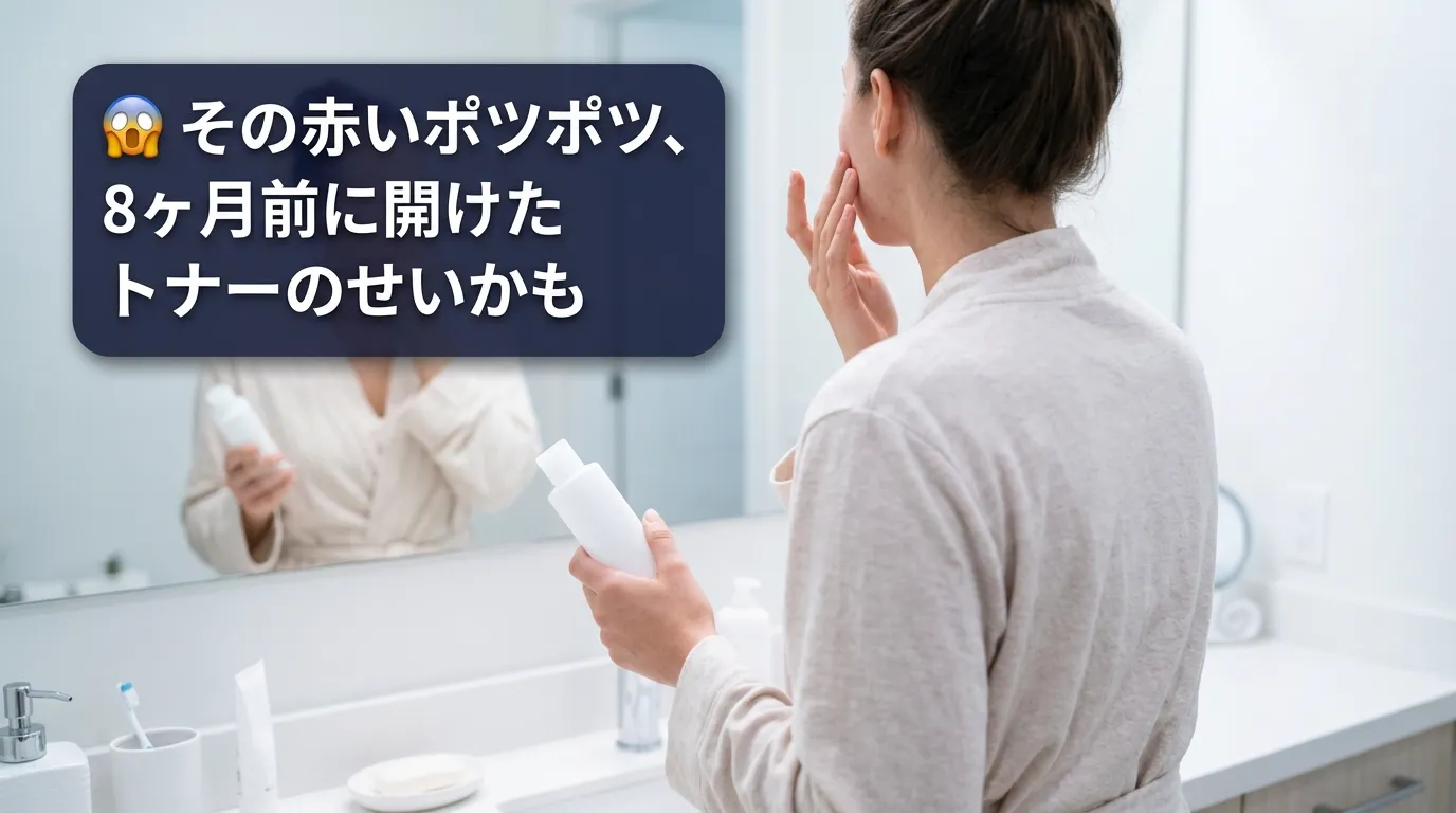 鏡の前で頬に触れ開封8ヶ月のトナーによる肌荒れに気づいた女性の後ろ姿