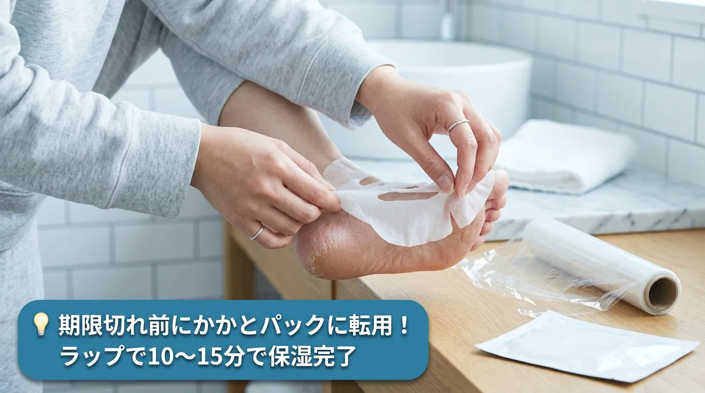 期限切れAbibシートマスクをかかとにあてラップで包む保湿パックの手元