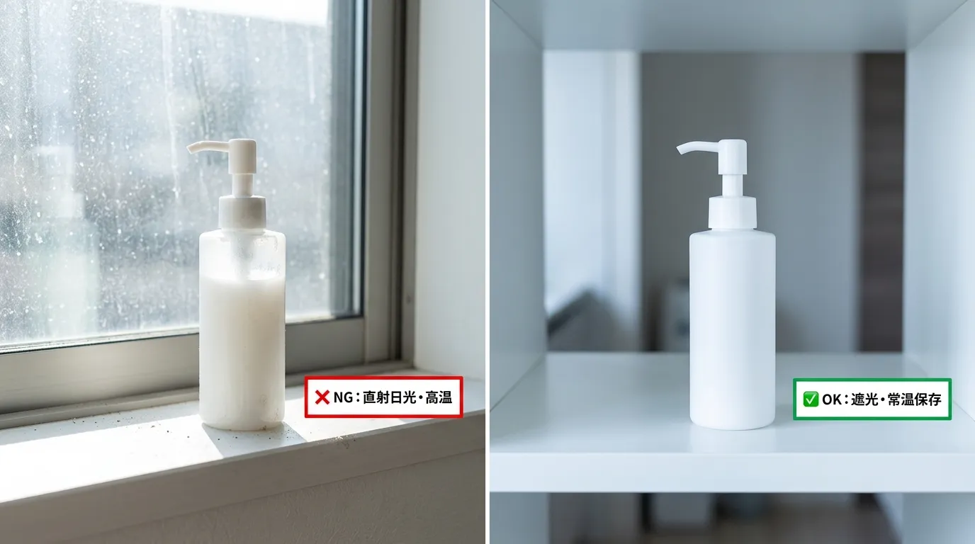 直射日光が当たる窓際NGと冷暗所OKの保管場所比較写真