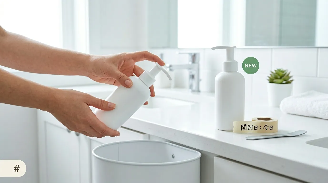 期限切れジェルをゴミ箱へ捨て新しいボトルに切り替えるシーン