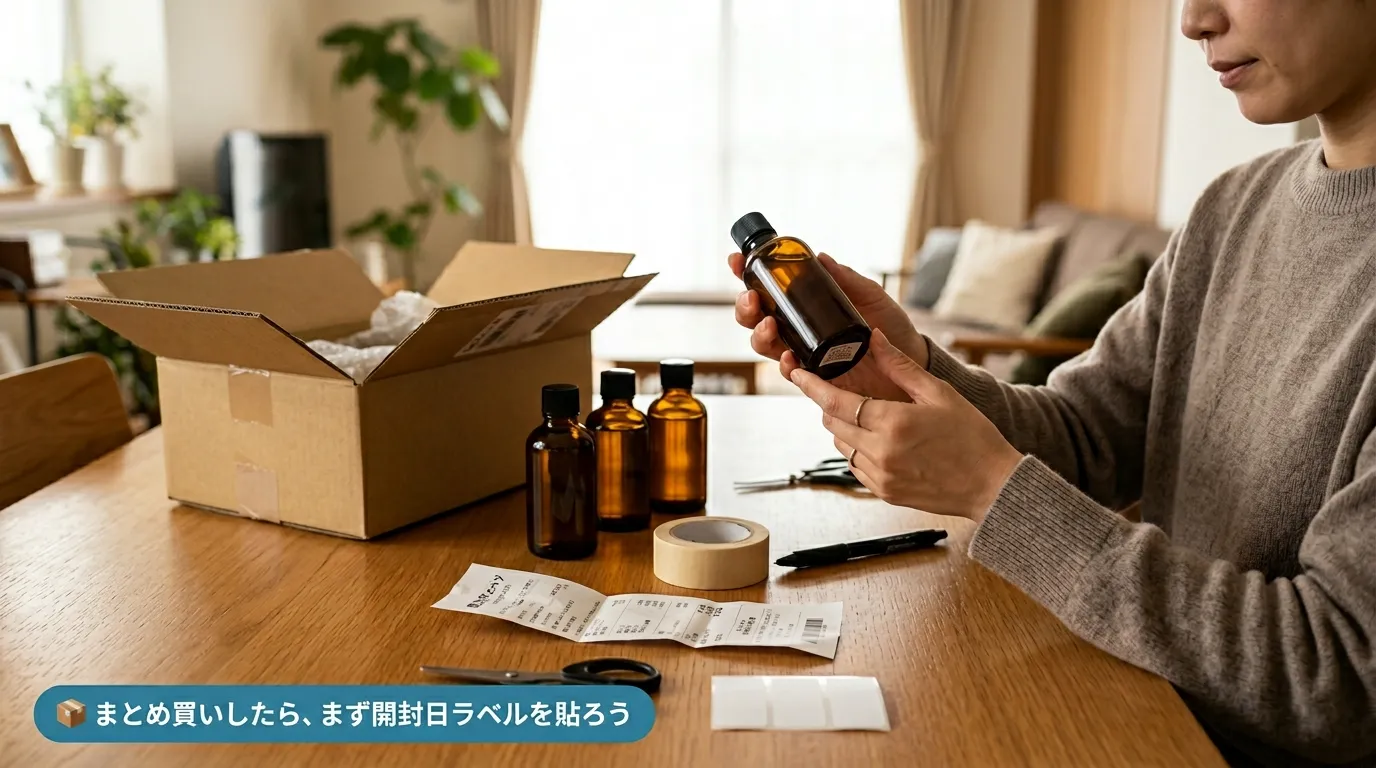 アヌアをまとめ買いした当日に開封日ラベルを貼って管理する手元