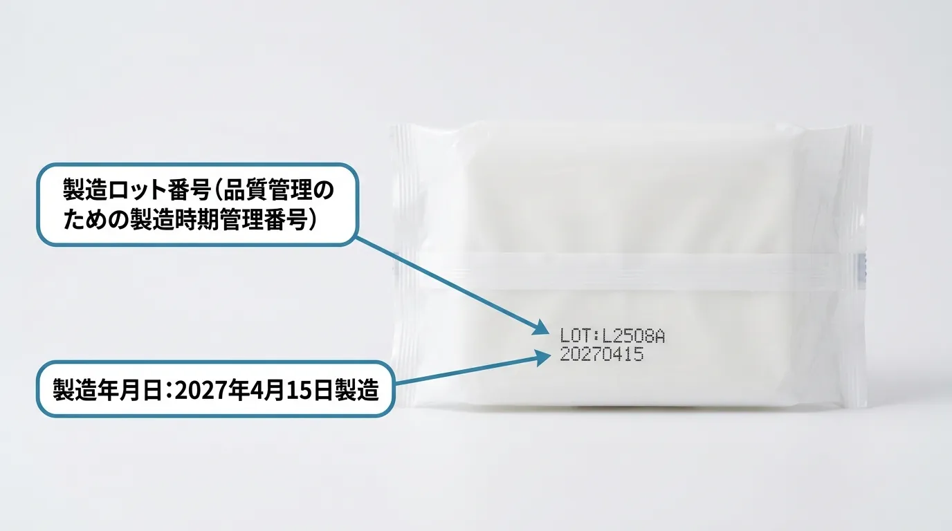 汗拭きシートパッケージ底面に印字された製造年月日と製造ロット番号の見方