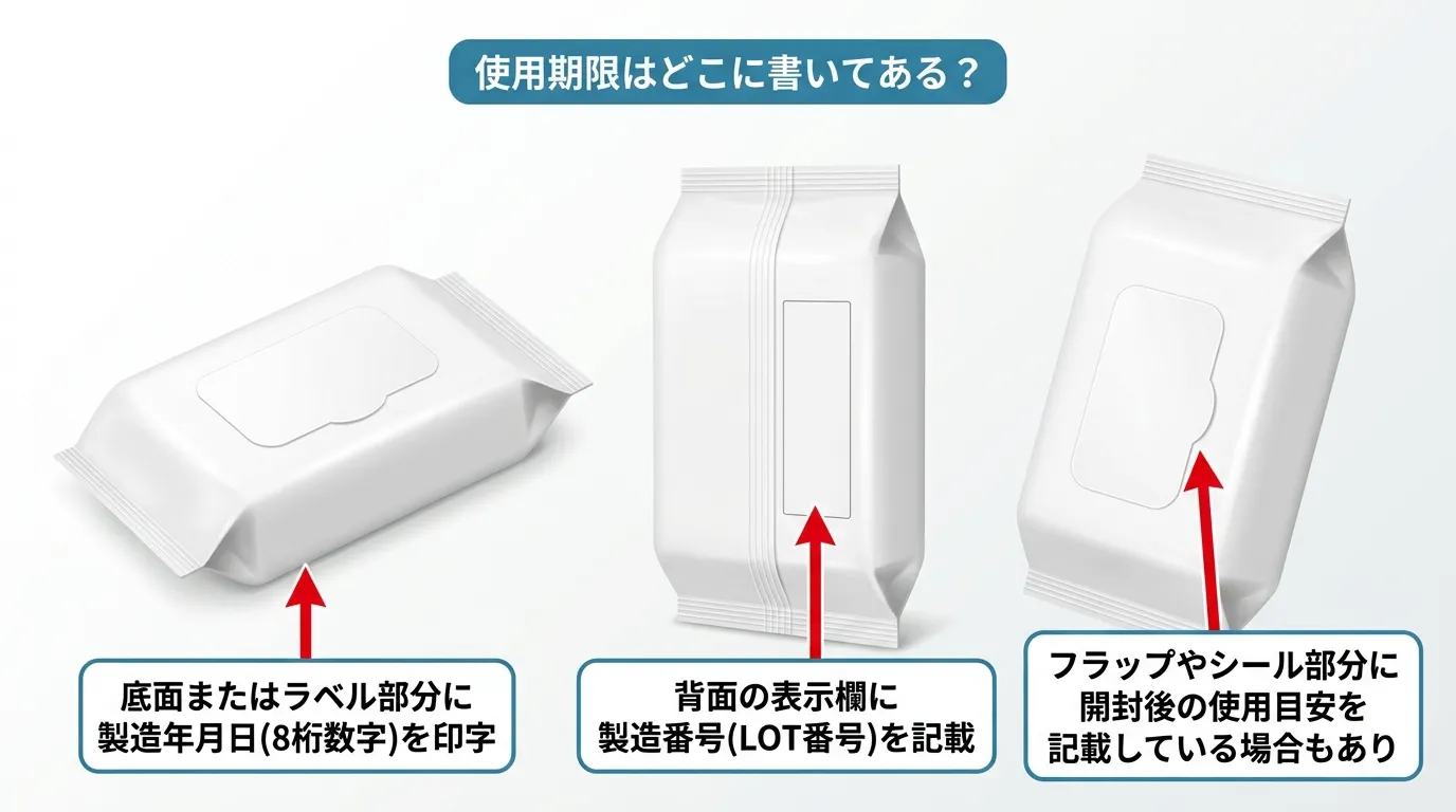 汗拭きシートのパッケージ底面・背面・フラップに使用期限が記載されている場所を矢印で解説した図