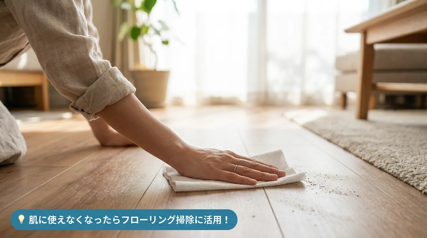 肌には使えなくなった汗拭きシートでフローリングの汚れを拭き掃除している手元