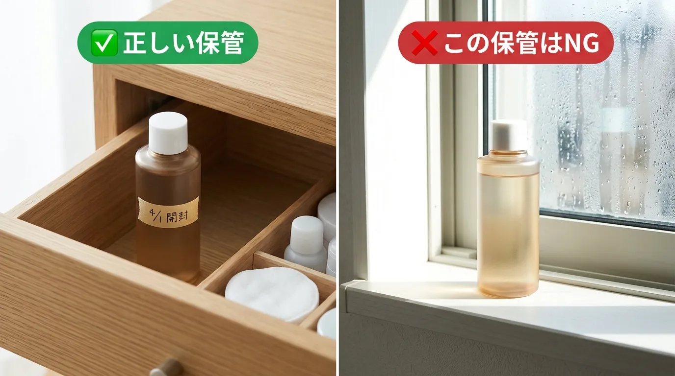 スキンケアボトルの正しい冷暗所保管と窓辺放置のNG比較