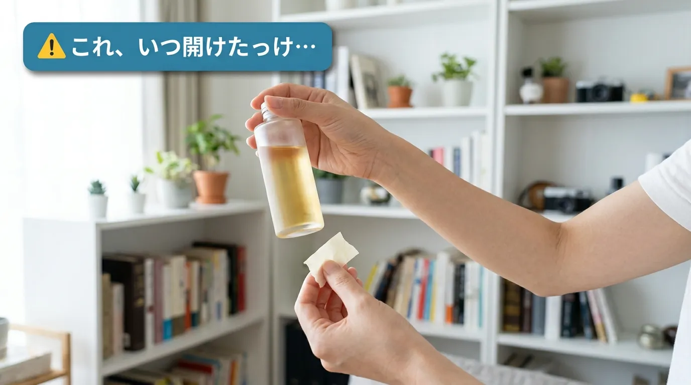 スキンケアボトルを光にかざして開封日を思い出そうとする女性の手元